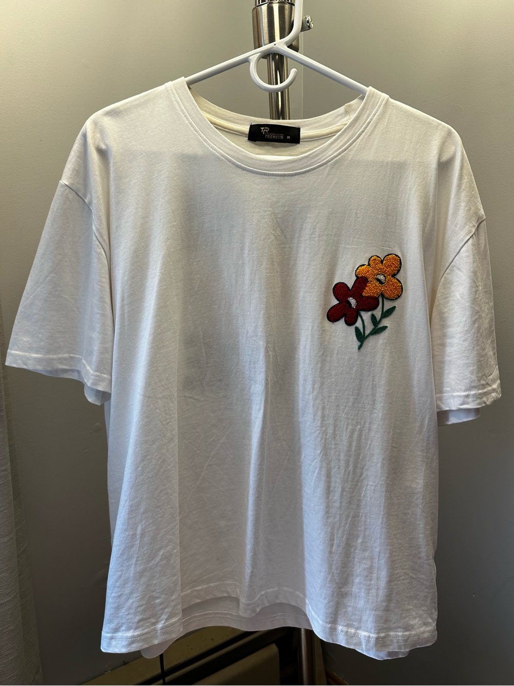 White Tee with Embroidered Red & Orange Flowers